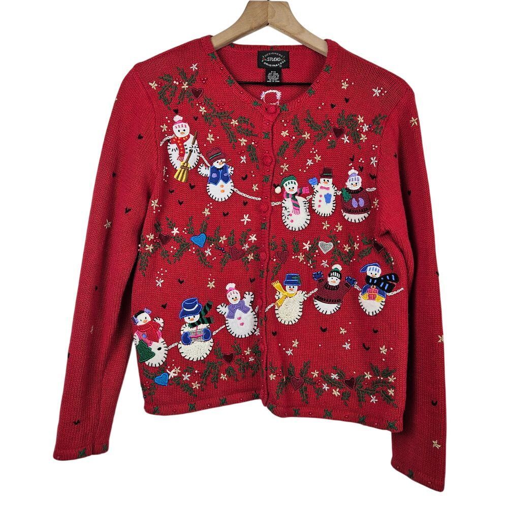 Designers Studio Orginals snowman holly heart Christmas knitted sweater Petite S